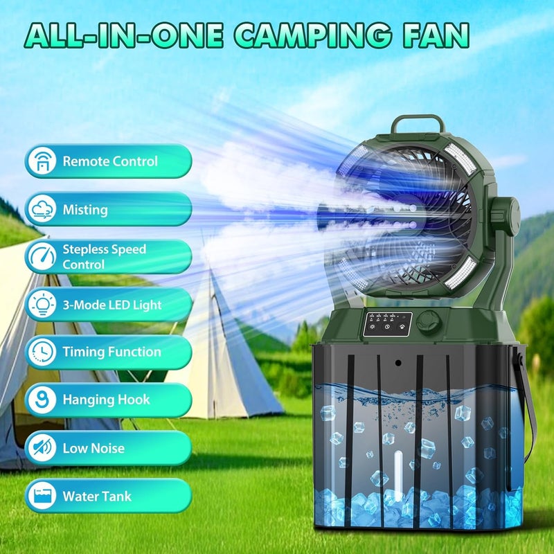 Wilody Misting Fan Portable 42800mAh Rechargeable Camping Fan with Remote Control, 3 LED Light & Stepless Speed Control & Cooling Spray with 6L Bucket, Timer Function, Portable Handle, Rotate Hang Hook - Image 2